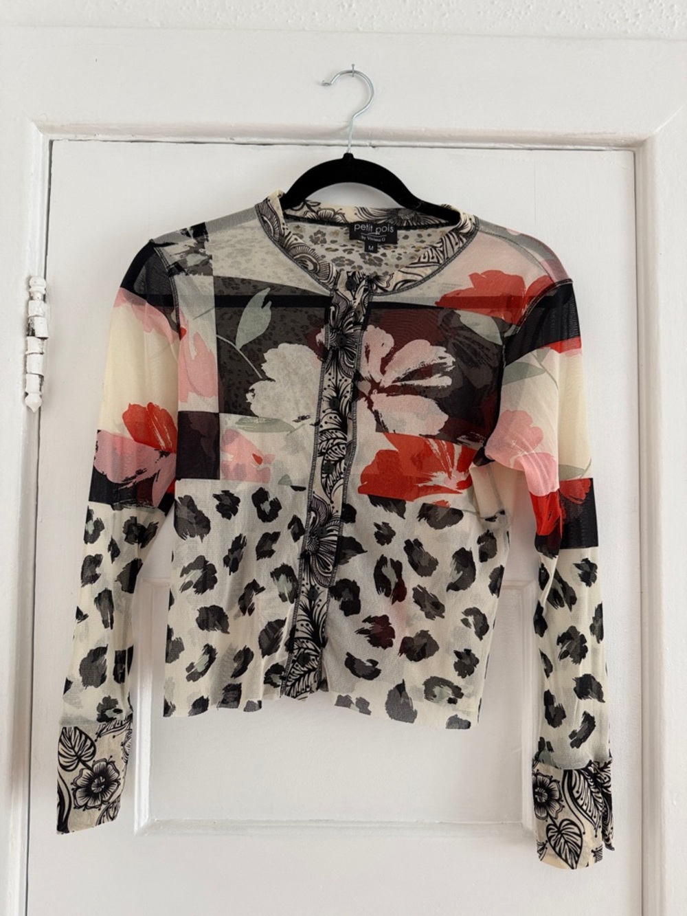 Petite Pois Floral & Leopard Mix Long Sleeve Top - Cream, Black & Red